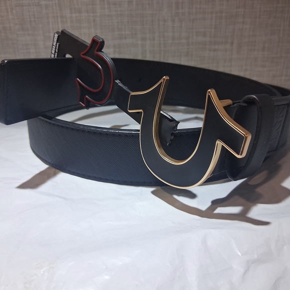 TRUE RELIGION Men's SZ 38 Belt HORSESHOE BUCKLE Gold Trim BRAND-NEW w/tags - Picture 1 of 14